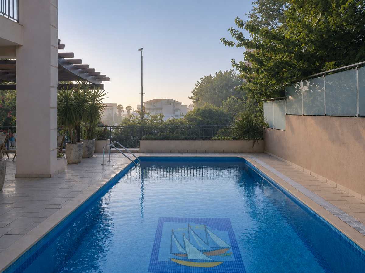 Outdoor pool with loungers under Mediterranean sun